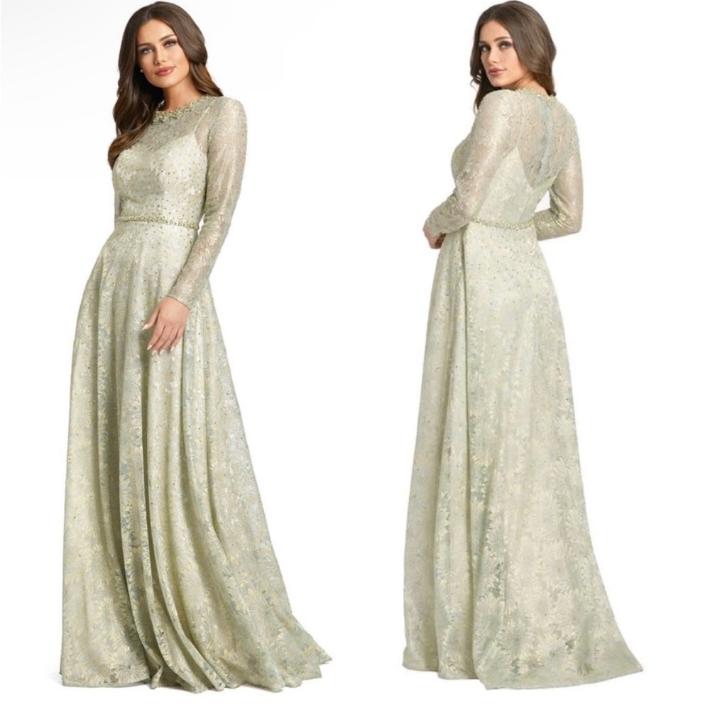 Mac Duggal 49188 Long Sleeve Floral Sequin Lace A-Line Gown Sage Green Size 4